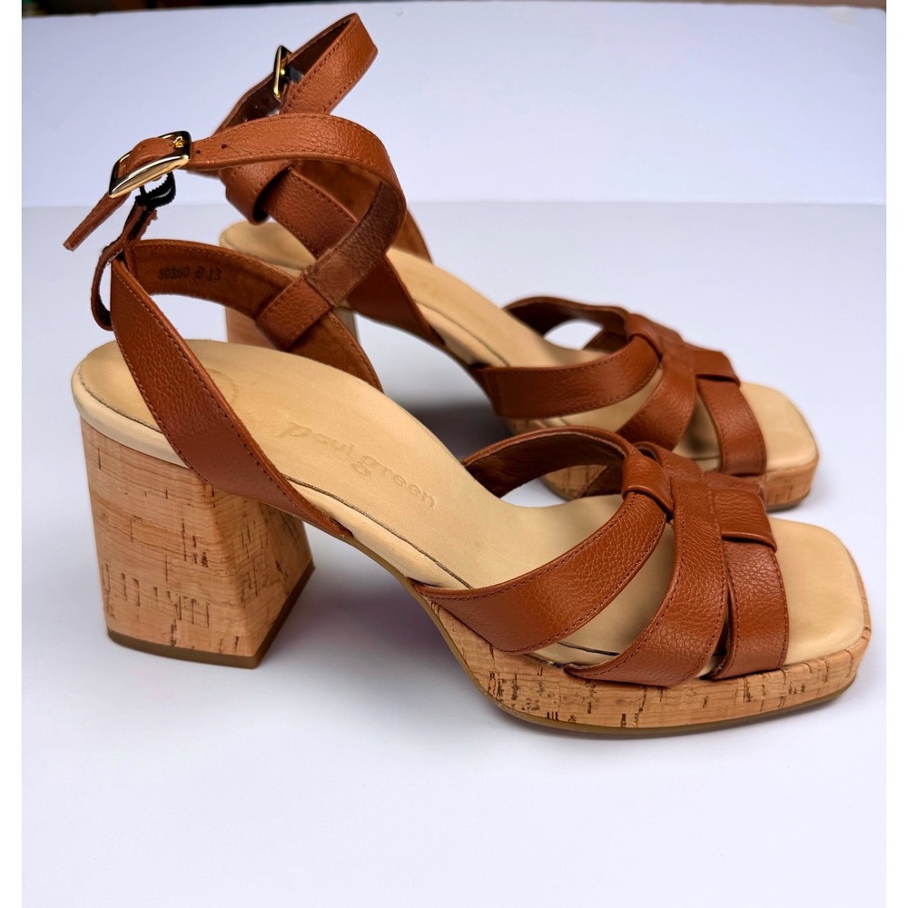 Paul Green Brown Leather Strappy Block Heel Sandals